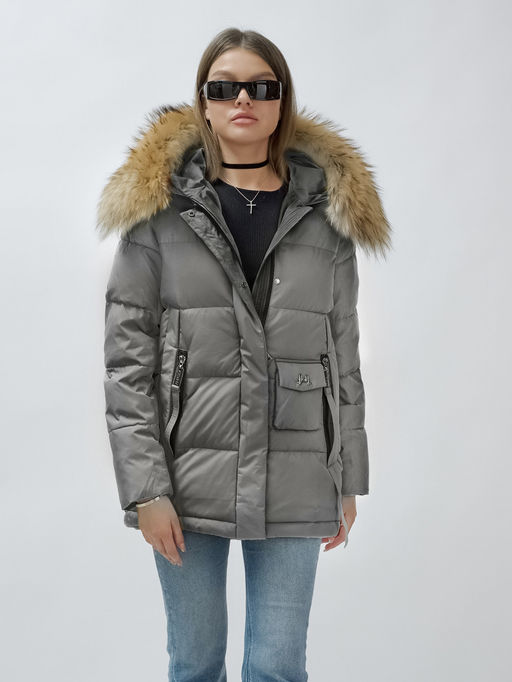 Куртка женская зимняя с мехом енот премиум класса серого цвета 3215Sr - Visdeer фото 7