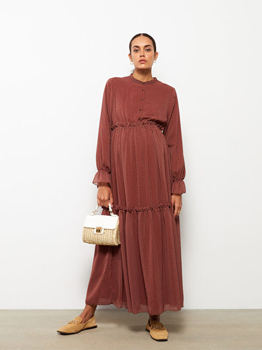 Bisiklet Yaka Desenli Uzun Kollu Hamile Elbise