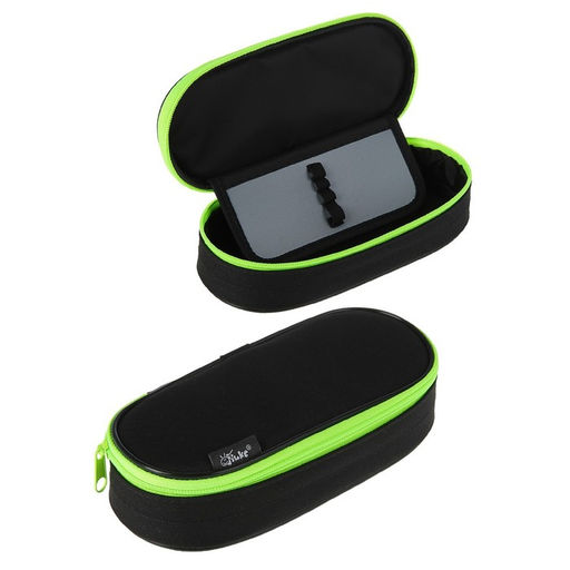 Пенал - футляр Calligrata Black, 85×210×50 мм, с откидной планкой, мягкий, текстильный, чёрный/ярко-салатовый