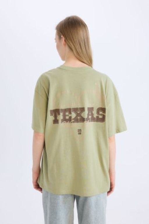 Oversize Genis Kal?p Bisiklet Yaka S?rt Bask?l? K?sa Kollu Tisort