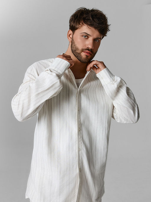 Рубашка мужская молочная в полоску льняная - Mark formelle фото 3