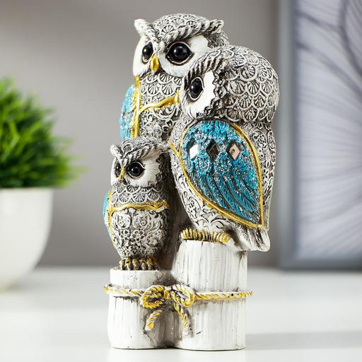 Фигурка полистоун «Семейство серых филинов с синими крыльями, на пеньках», 14.5×8.5×5.5 см