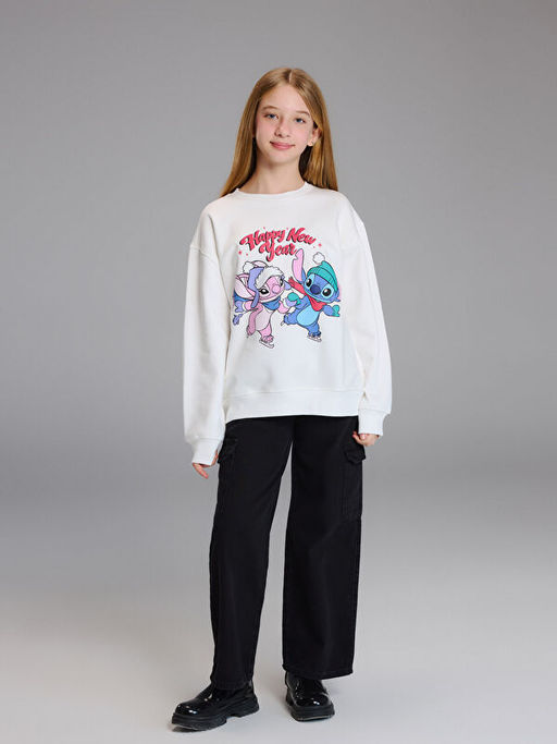Stitch ve Angel Bask?l? K?z ?ocuk Kal?n Sweatshirt