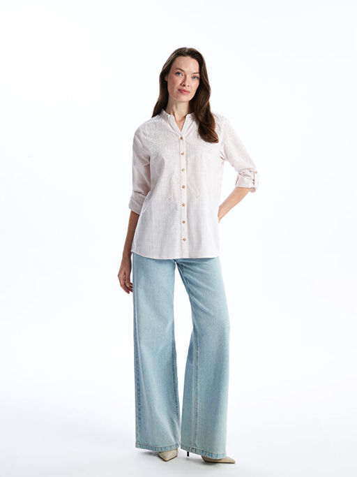 Ka??k Yaka ?izgili Poplin Kad?n G?mlek