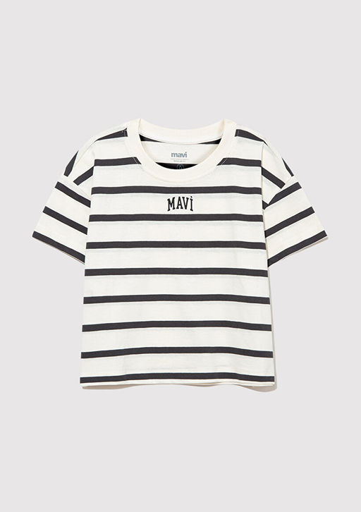 Mavi Logo Bask?l? Siyah Cizgili Tisort