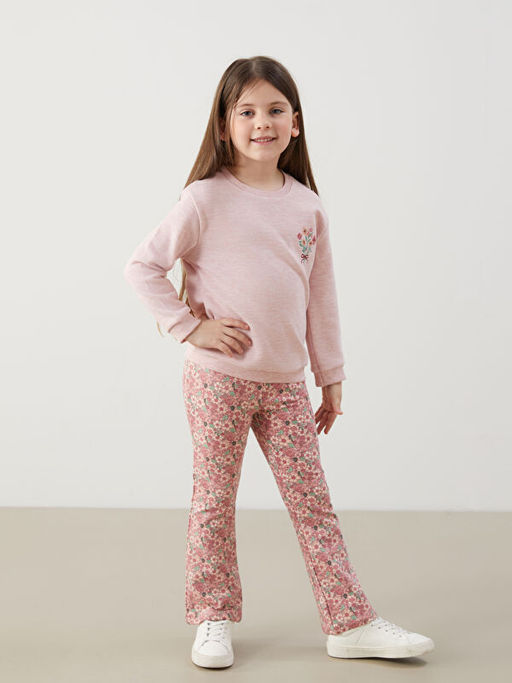 ?i?ekli K?z ?ocuk Sweatshirt ve Tayt Pantolon Alt 2li