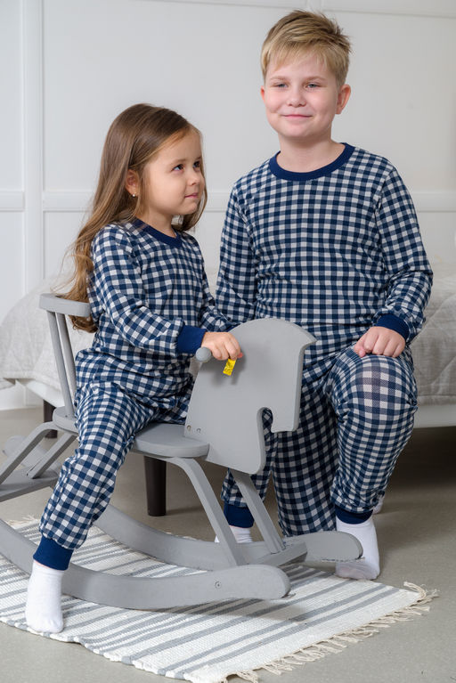 Пижама подростковая из кулирки пенье на манжетах Дрёма клетка синяя - Амадэль фото 38