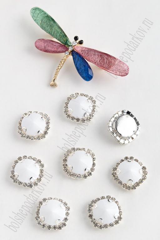 Стразы пришивные в серебряной оправе 18 мм Круг (5 шт) SF-2051, белый №26