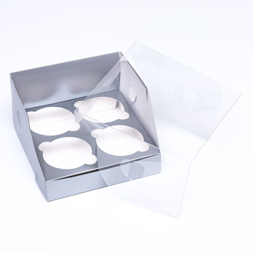 Цена за 2 шт. Коробка для 4 капкейков 16×16×10 см, серебро