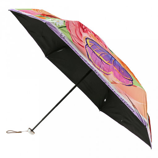 Зонт-мини механический Цветы и бабочки ткань эпонж (полиэстер) с деколью + черное УФ-покрытие, 6 лучей, д/купола 91см, 5 сложений, 17см в сложенном виде, механизм против ветра, пластмассовая ручка, розы, 223гр (Китай)