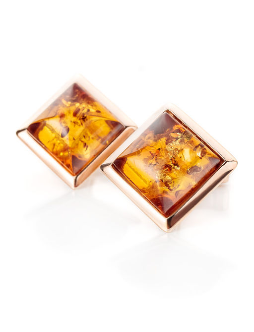 Классические позолоченные запонки с натуральным янтарём Квадрат
