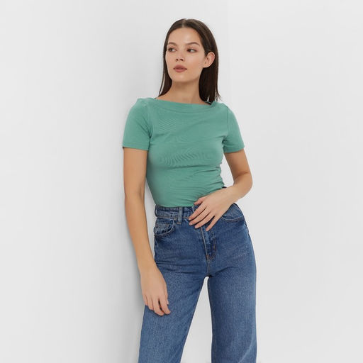 Футболка женская с вырезом лодочка MINAKU: Basic line, оливковая, размер 46