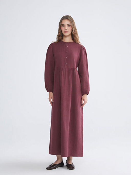 Bisiklet Yaka Dokulu M?slin Pileli Elbise