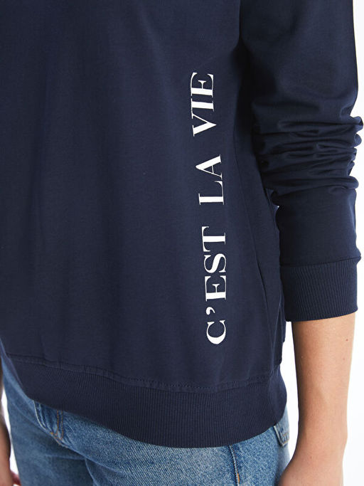 Bisiklet Yaka Uzun Kollu Bask?l? Kad?n Sweatshirt