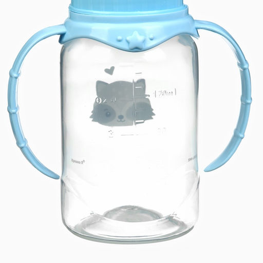Бутылочка для кормления Крошка Я «Малыш енот» от 0 мес., 150 мл, цилиндр, с ручками, голубая