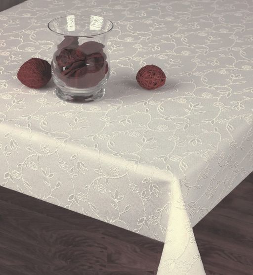 Скатерть арт. 718-085, РЕЛЬЕФ, прямоугольная, 155 см х 100 см, КРЕМОВАЯ с вышивкой из мерцающей пряжи
