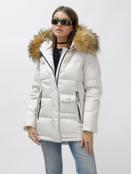 Куртка зимняя Visdeer 3215SB женская светло-бежевая с мехом енота утеплитель 220 г/м²  фото 13
