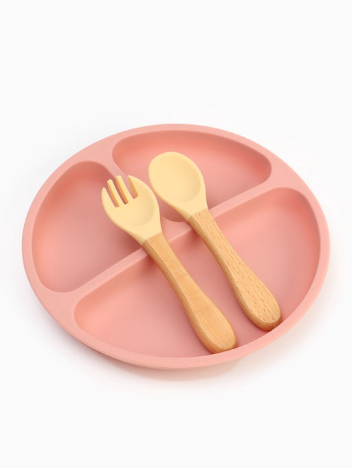 Тарелка детская секционная с ложкой и вилкой, 3 секции, розовый, Mum&Baby