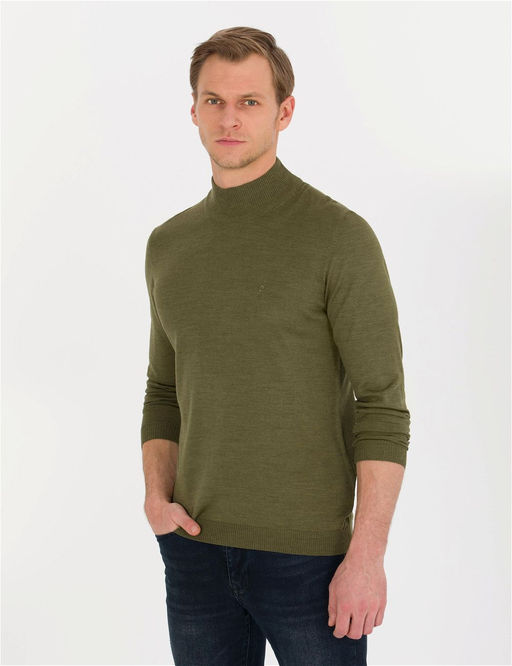 A__k Ye_il Slim Fit Yar_m Bal_k__ Yaka Y_n Kar___ml_ Basic Triko Kazak