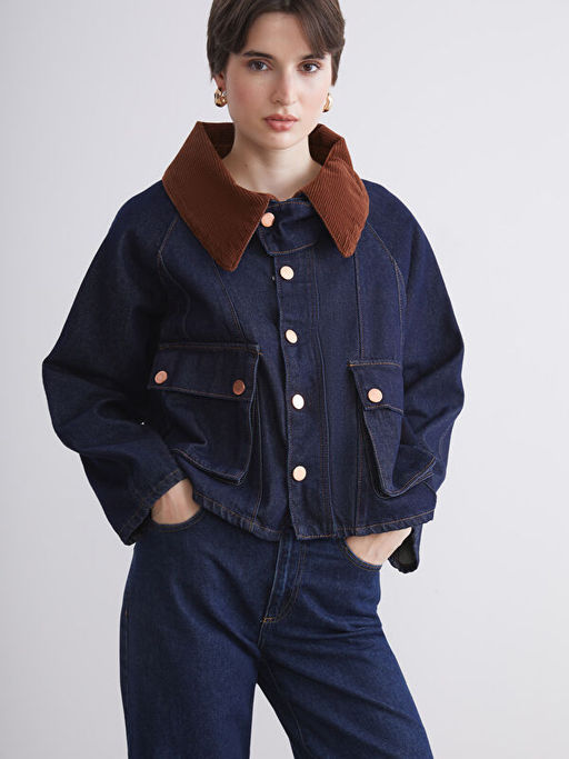 G?mlek Yaka Oversize Kad?n Jean Ceket