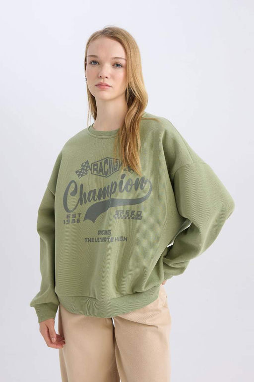 Женский крутой толстый свитшот оверсайз с широким кроем и круглым вырезом с принтом - Defacto фото 4