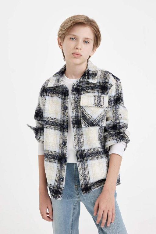 Фланелевая рубашка оверсайз для мальчика с воротником-поло и длинными рукавами - Defacto фото 3