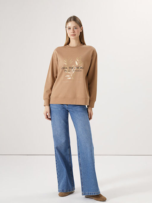 Bisiklet Yaka Bask?l? Oversize Kad?n Kal?n Sweatshirt