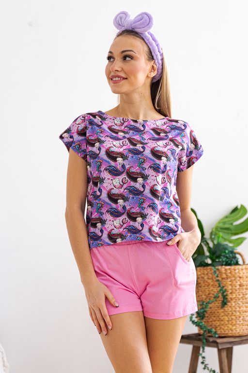 Комплект женский из футболки со спущенным плечом и шорт из кулирки Fairy-tale русалки, розовый - Амадэль фото 9
