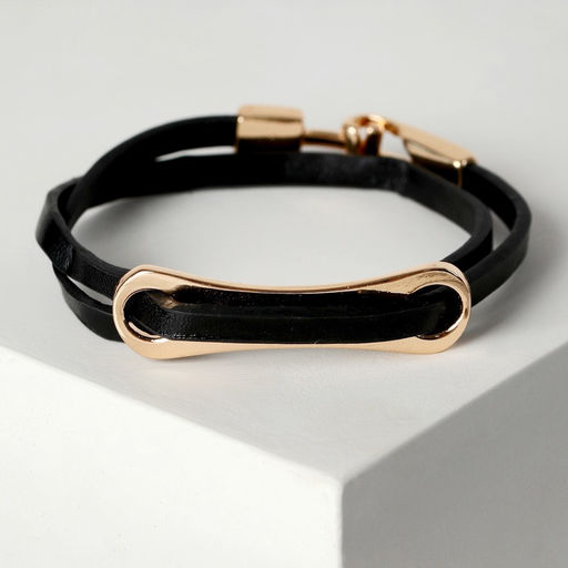 Браслет кожа «Шаман» пластина, чёрный в розовом золоте, 35.5 см