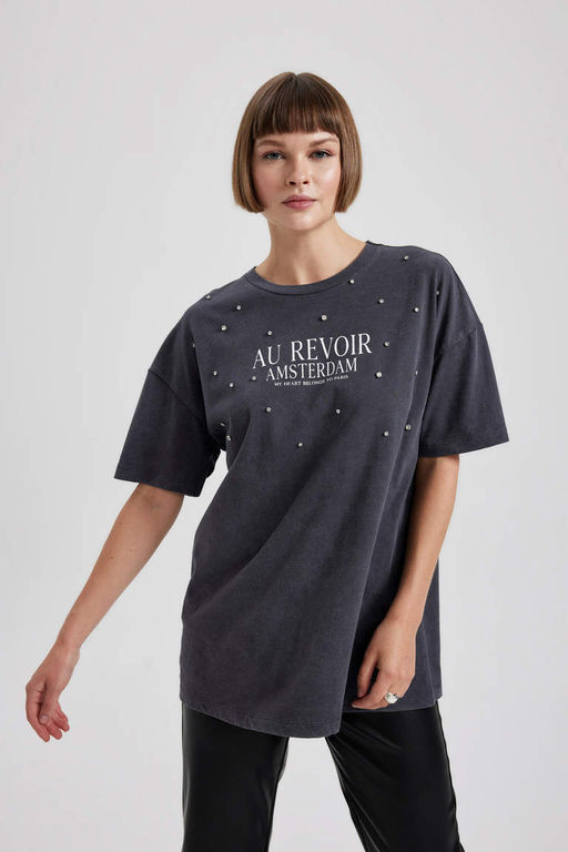 Футболка оверсайз с круглым вырезом и принтом из чесаного хлопка с короткими рукавами - Defacto фото 4