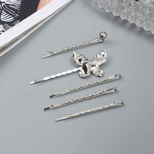 Невидимки для волос «Бенте», набор 5 шт., бабочка, 5 и 6 см, серебро