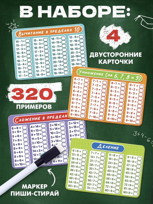Развивающий набор «Математический тренажёр», 320 примеров, стирающийся маркер, 4 карточки, 5+