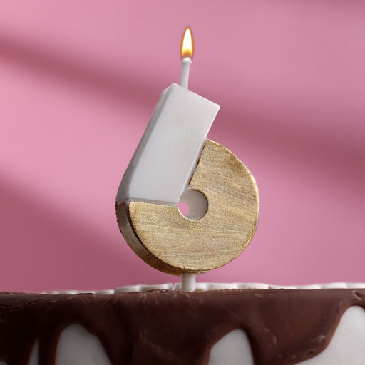 Цена за 2 шт. Свеча в торт «Манхеттен», цифра 6, белая с золотом, 5 см