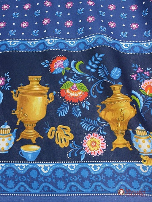 Рогожка Самовары по кайме цв.синий, ш.1.5м, хлопок-100%, 160гр/м.кв - Купава фото 5