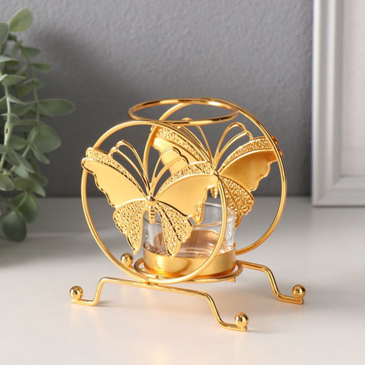 Подсвечник на 1 свечу Бабочка в круге, d=4.5 см, под золото, 6.2?11.2?10.5 см