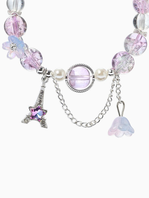 Браслет с подвесками "Сахарный" башня с цветами, шар №10/8, цвет фиолетово-розовый в серебре   10967