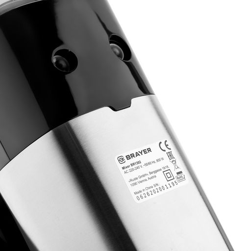 Миксер BRAYER 1302BR, ручной, 800 Вт, 5 скоростей, 2 насадки, чёрно-серый
