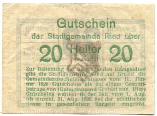 20 геллеров 1920 года Австрия Рид (нотгельд)