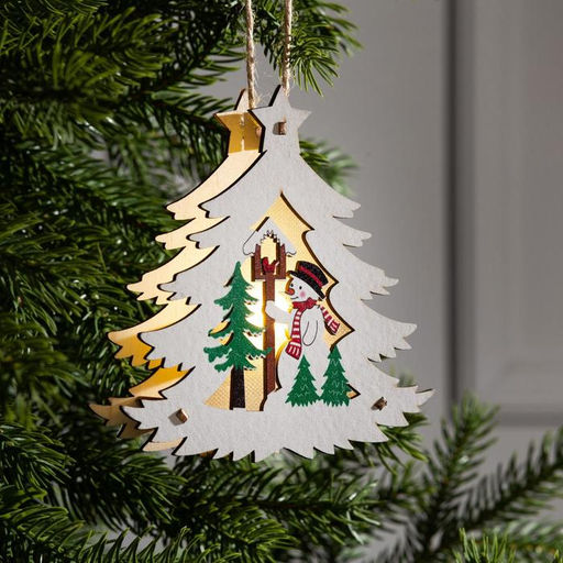 Ёлочная игрушка Ёлочка со снеговиком, 12х11х2 см, от батареек, свечение тёплое белое