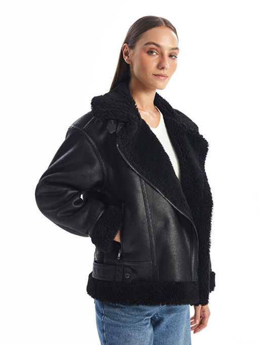 Biker Yaka D?z Oversize Kad?n Deri G?r?n?ml? Mont