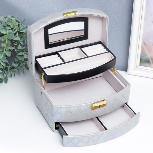 Шкатулка кожзам для украшений сундук Сеть из ромбов. Сливочный перламутр 13х16х23 см - Simaland фото 8