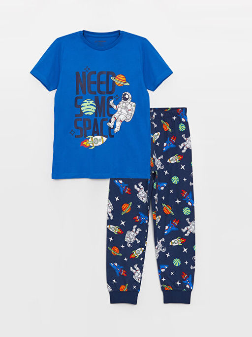 Bisiklet Yaka Bask?l? K?sa Kollu Erkek ?ocuk Pijama Tak?m?