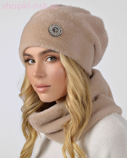 Ангора диагональ с норкой Комплект флис (колпак+снуд) (56-58)