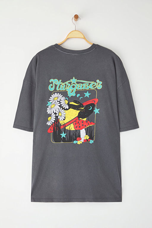 B_y_k Beden Antrasit Oversize/Geni_ Kesim Soluk Efekt Bask_l_ %100 Pamuk T-shirt TEDSS25BF00001 - Trendyolmilla фото 2