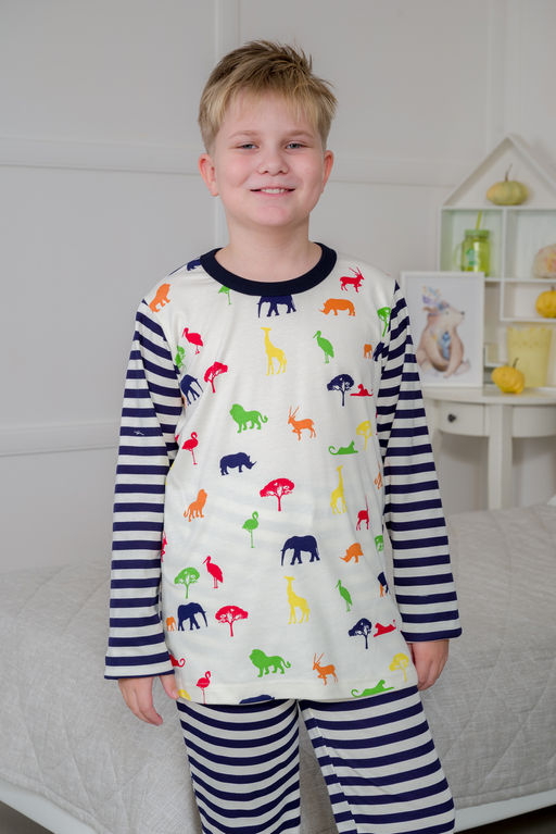 Пижама детская из джемпера и брюк без манжет из интерлока Сафари темно-синий полоса - Амадэль фото 15