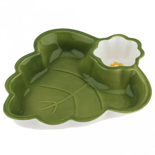 Блюдо керамическое "Зеленый лист" 235х205х40мм, 540мл, с соусником д77мм, 60мл, с деколью, зеленый, в коробке (Китай)