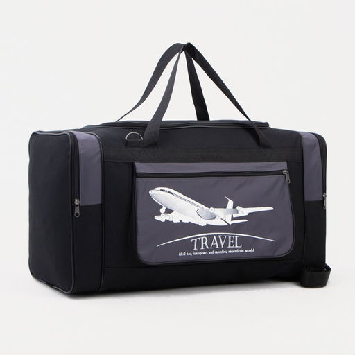 Сумка дорожная на молнии, 3 наружных кармана, длинный ремень, чёрная, серая