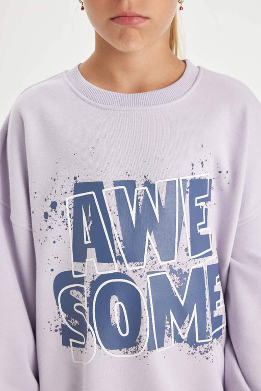 Сиреневый свитшот оверсайз с широким кроем и круглым вырезом с принтом для девочек - Defacto фото 5