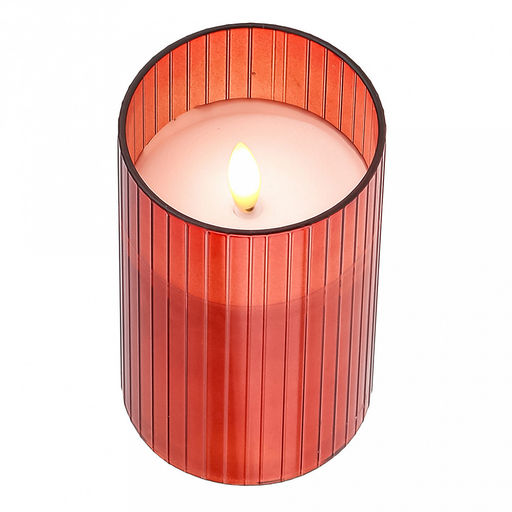 Свеча в цветной колбе, восковая, светодиодная на батарейках д7,5см h12,6см, свет теплый, с мерцанием, колба стекло, цвет терракотовый, питание от 2-х батареек АА (в комплект не входят), в коробке (Китай)