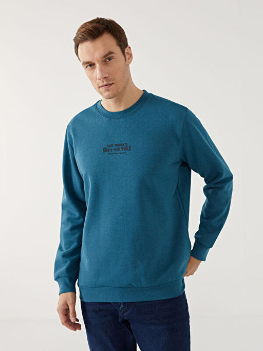 Bisiklet Yaka Bask?l? Erkek Kal?n Sweatshirt